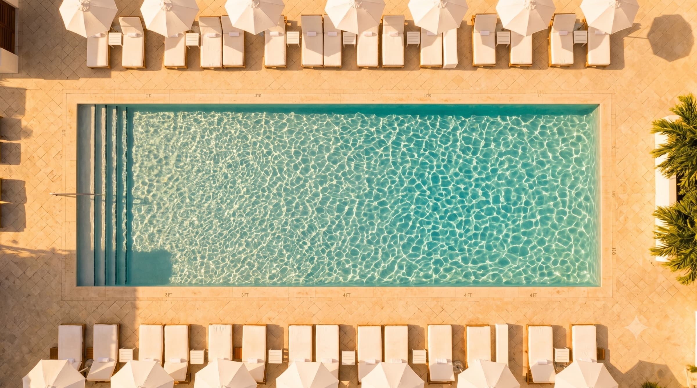 Aerial view of a sunlit hotel pool lined with loungers and umbrellas